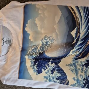 White Graphic Tee with Blue Wave Design
